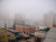 (3 hours later) View of Lima from my room in the Hotel María Angola. This mist is known as "neblina," and is very common in Lima.