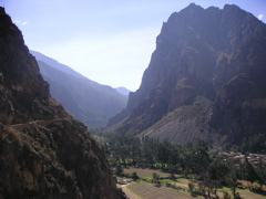 View from the top of the Ollantaytambo Inca ruins. There is actually a jail contained in the mountainside.