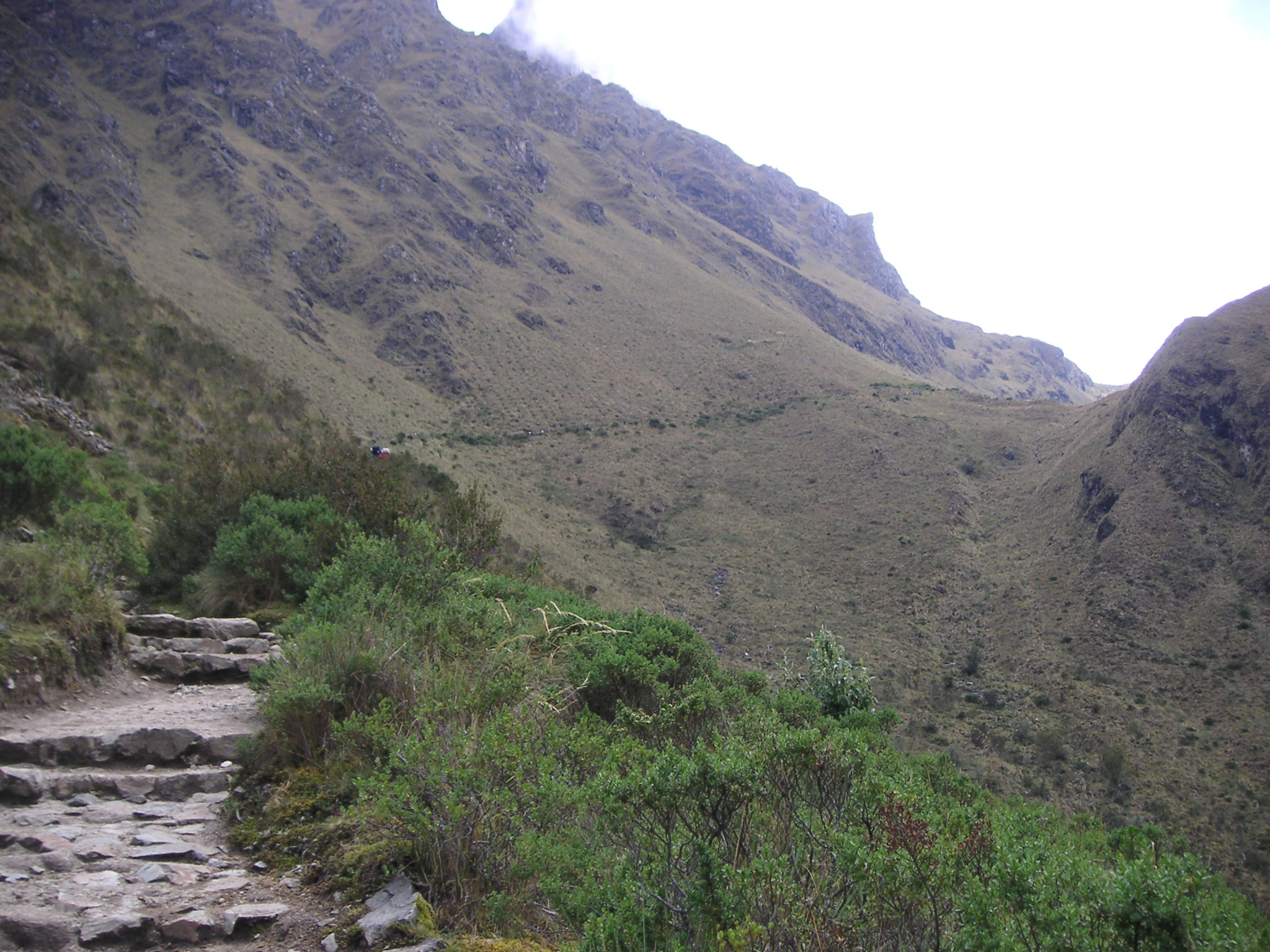 The trail leads to a mountain pass. In this picture, there are actually (tiny) people from our group resting at the mountain pass before hiking down the other side of the mountain.