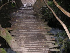 A bridge on the trail. It is constructed of small logs, and is very slippery.