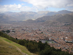 The view of Cusco from Sacsayhuaman (Saqsaywaman). "Viva El Peru" is etched into the mountainside.