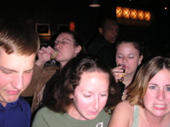 (L to R) John, Janet, Jennifer, Amber, and Leslie taking shots at "El Dragon" in Lima. I'm slow because this B-52 tastes like crap! The bartender did not layer it.