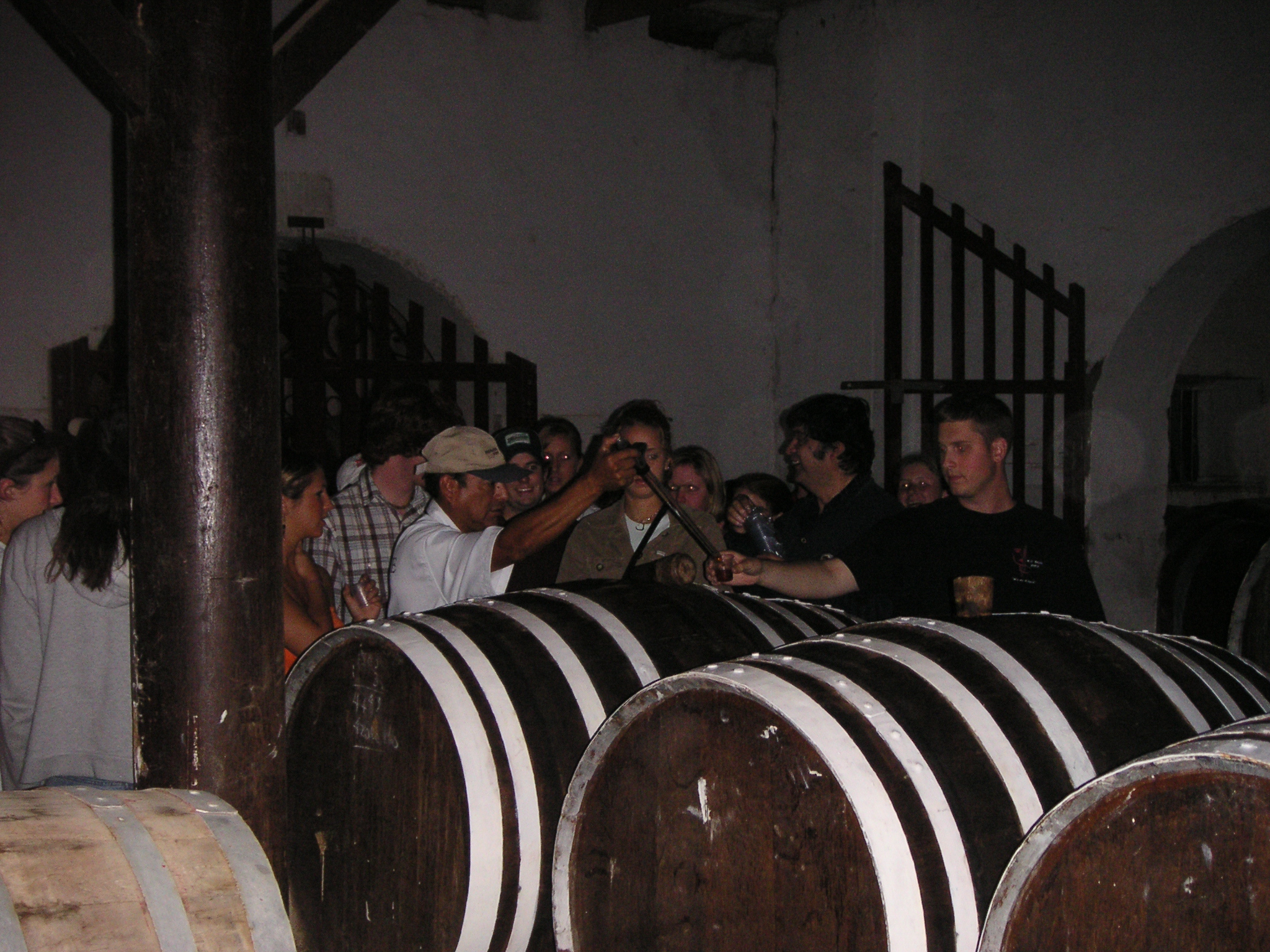 Inside the Ocucaje Winery, where we are tasting wine barreled in 1940.