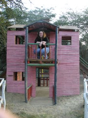 Janet in the playhouse at the Hotel-Hacienda Ocucaje.