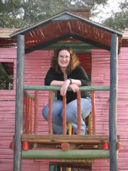 Janet in the playhouse at the Hotel-Hacienda Ocucaje.