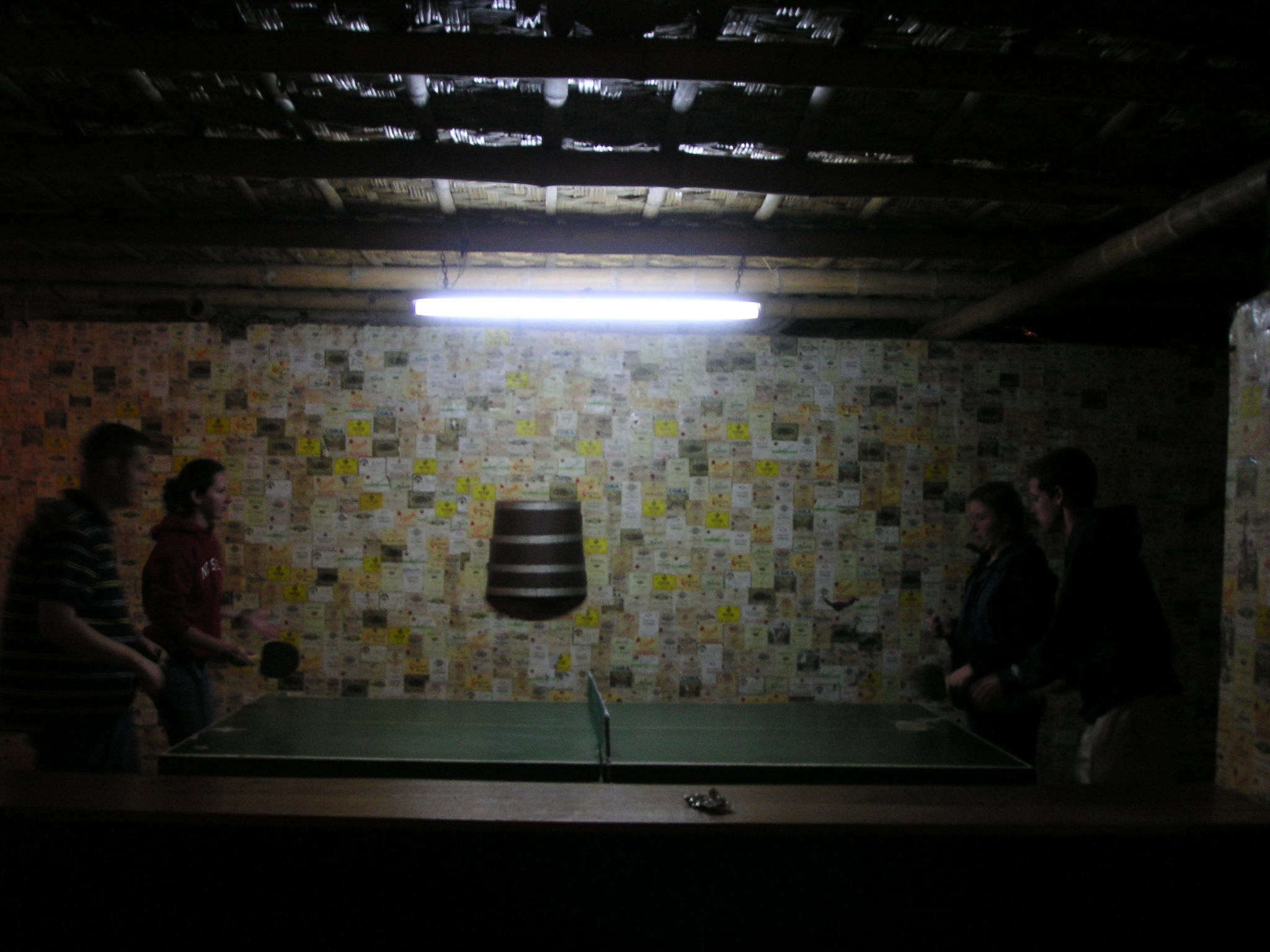 John and Jenn vs. Joe and Heather in the game room at the Hotel-Hacienda Ocucaje, Ica.