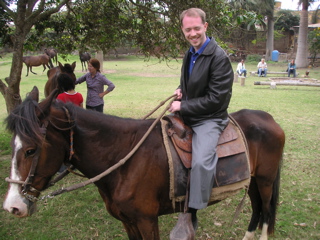 Jason prepares to go horseback riding at the Hotel-Hacienda San José, Chincha.