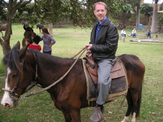 Jason prepares to go horseback riding at the Hotel-Hacienda San José, Chincha.