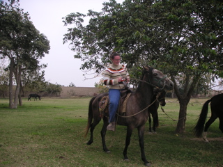 Janet prepares to go horseback riding at the Hotel-Hacienda San José, Chincha.